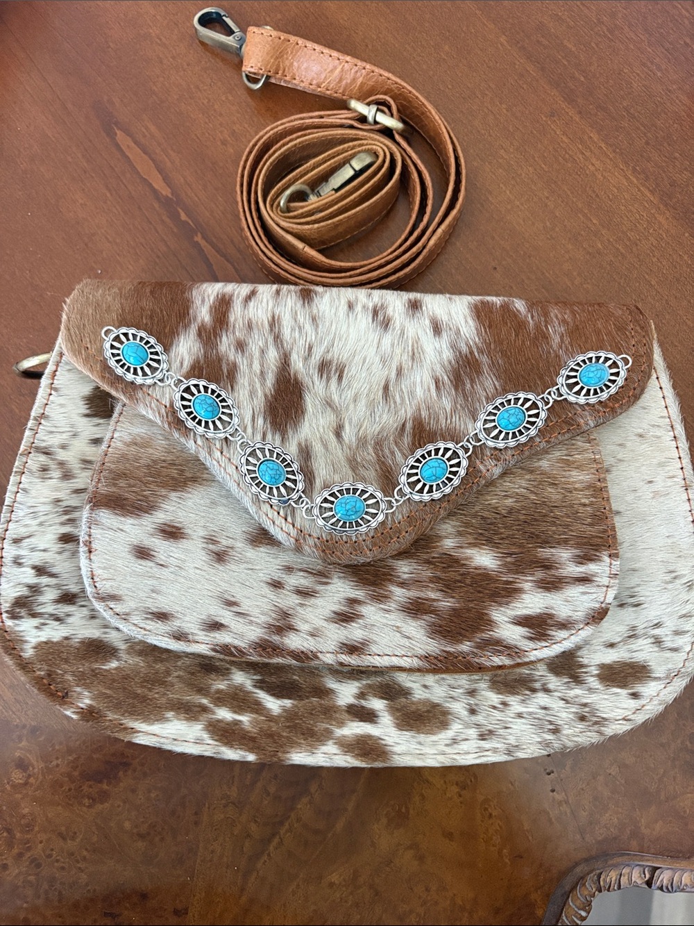 Cowhide Crossbody Bag with Turquoise Conchos - Brown/White